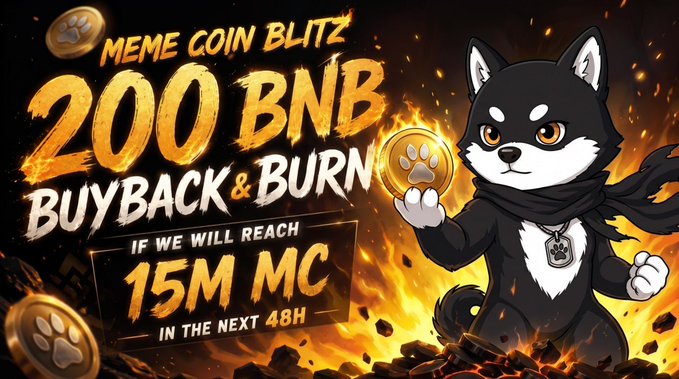 A fiery promotional graphic for a "MEME COIN BLITZ" featuring an anime-style black and white husky character holding a gold paw-coin, with bold text announcing a "200 BNB BUYBACK & BURN" if the project reaches 15M MC within the next 48 hours, directly tying to the $MAME Memecoin Blitz contest launch mentioned in the post.