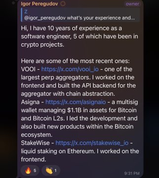 A Discord message from 'Igor Peregudov' introducing himself with '10 years of experience as a software engineer, 5 of which have been in crypto projects' and listing recent work at VOOI, Asigna, and StakeWise with Fire and handshake emojis.
