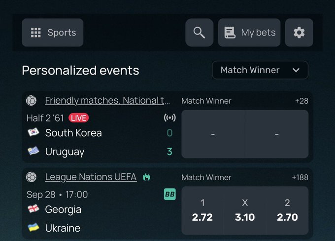 A sports betting app interface showing "Personalized events" with a live match between South Korea and Uruguay, and an upcoming League Nations UEFA match between Georgia and Ukraine.