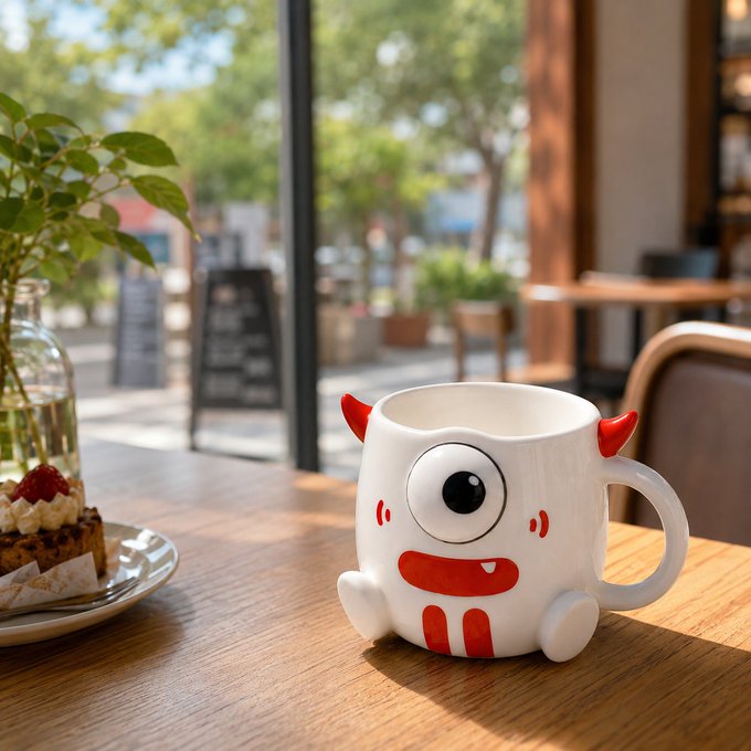 A white monster-themed ceramic mug with one large eye, red horns, and a smiling mouth sitting on a wooden table at a sunny café, next to a plate with cake and a vase of green leaves.