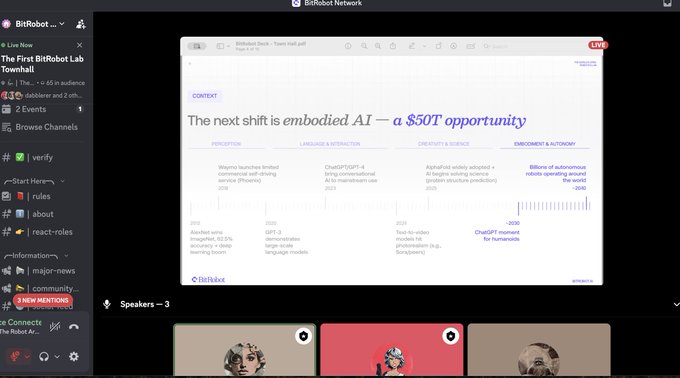 Screenshot of a BitRobot Network livestream titled 'The First BitRobot Lab Townhall' displaying a presentation titled 'The next shift is embodied AI – a $50T opportunity' with three speaker video panels at the bottom.