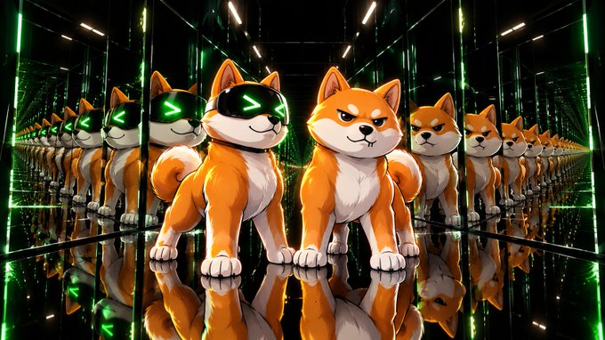 A row of cartoon Shiba Inu dogs wearing sunglasses with green LED light accents, mirrored infinitely in a futuristic green-lit hallway.