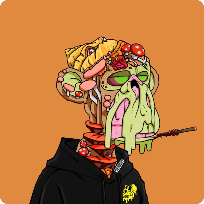 A stylized illustration of a figure in a black hoodie with a grotesque, melting food-themed face featuring mushrooms, fries, and green drool, set against an orange background.