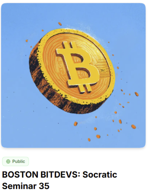 A stylized golden Bitcoin coin floats against a blue background, displayed as event artwork for 'BOSTON BITDEVS: Socratic Seminar 35' (marked Public).