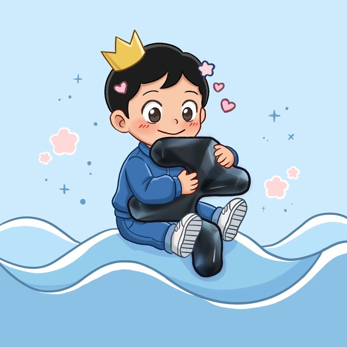 A cute cartoon illustration shows a boy wearing a crown and a blue tracksuit sitting on a stylized blue wave while hugging a black bone-shaped object. Pink hearts and flowers float around him.