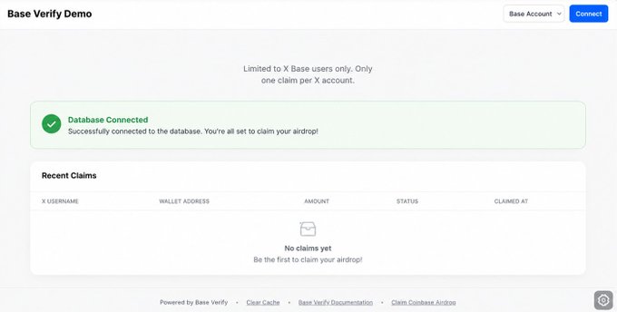 "Base Verify Airdrop Rumor A" page has been spotted on Base GitHub It shows a screenshot of a web application that appears to be for verifying users' identities, such as social media profiles or cryptocurrency exchanges like Coinbase. The page is described as being in the testing phase and possibly related to @base.