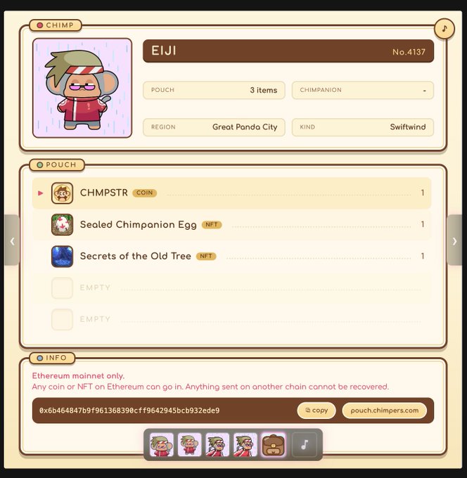 Screenshot of a 'Chimp' NFT profile page showing character 'EIJI' No.4137 from Great Panda City (Swiftwind kind), with a pouch containing 3 items: CHMPSTR coin, Sealed Chimpanion Egg NFT, and Secrets of the Old Tree NFT, along with an Ethereum wallet address and pouch.chimpers.com link.