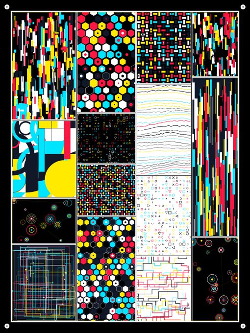 An abstract geometric art collage featuring various colorful patterns including hexagons, lines, circles, and symbols on a black background.