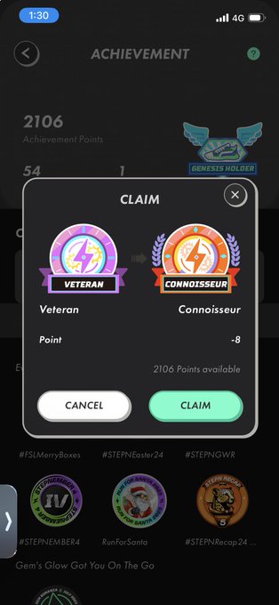 iphone screen displays achievements and claim options, with two badges for "Veteran" and "Veterans", and a list of achievements on the left side.