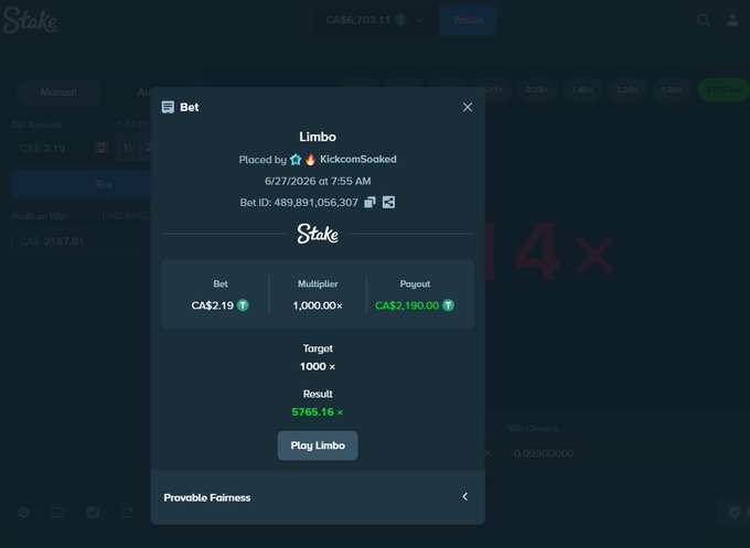 A screenshot of a Stake.com Limbo betting slip showing user "KickcomSoaked" placed a CA$2.19 bet at 1,000.00x multiplier for a CA$2,190.00 payout, with the result coming in at 5765.16x—illustrating the big win being celebrated in the post.