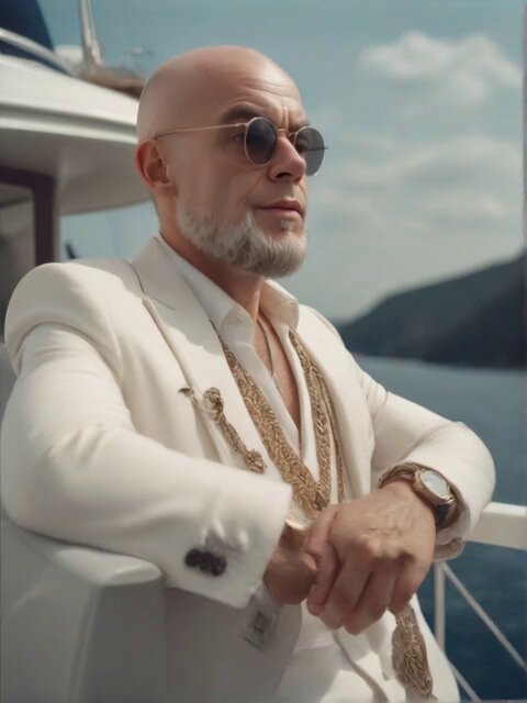 The image features a man wearing sunglasses and a white suit jacket sitting on a boat or yacht with his arms crossed. The background shows a beautiful view of water and mountains under a blue sky, creating an overall serene atmosphere. There are no texts present in the image, but there is a caption that reads "Thought my posts here might land better if I hired the AI actor Jon Slophurst to deliver the words instead".