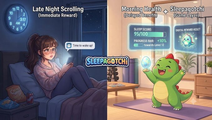 An illustrated split image contrasting "Late Night Scrolling (Immediate Reward)" showing a woman in bed with her phone against "Morning Health (Delayed Benefit) + Sleepagotchi (Game Layer)" featuring a green dinosaur holding an egg with a sleep score of 95/100 and a digital reward asset.