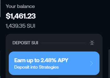 A digital wallet displays a balance of $1,461.23 (1,439.35 SUI) with a "DEPOSIT SUI" option offering up to 2.48% APY into Strategies. The post invites users to comment their $SUI wallet address for a possible giveaway, with the image showcasing a SUI balance to entice participation.