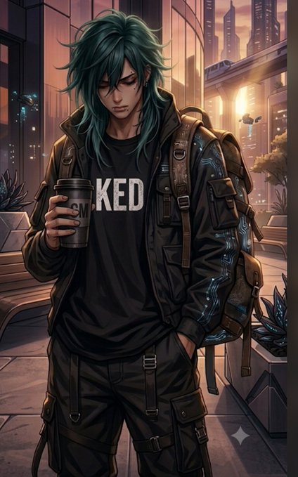 A tired-looking anime character with teal hair holds a coffee cup, wearing a black jacket over a t-shirt that reads "KED," set against a futuristic cityscape backdrop—visually evoking the morning energy and tech-forward optimism of the post about Midnight Network building privacy-preserving Web3 applications.
