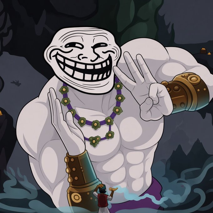 An illustration of the trollface meme depicted as a giant muscular figure wearing flower necklaces and golden bracers, smiling menacingly while a small figure with a hammer stands at its feet in a dark cave setting.