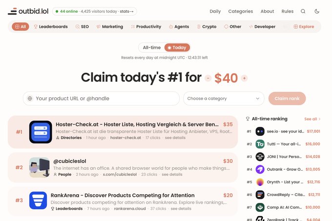 The outbid.lol daily leaderboard shows hoster-check.at at the #1 spot with a $35 payout for "Hoster Liste, Hosting Vergleich & Server Ben...", closely followed by @cubiclesol1 at #2 with $30 and RankArena at #3 with $20. The "Claim today's #1 for $40" header confirms hoster-check.at has successfully reclaimed the top position for the day, with 17 clicks and 2 directories listed under its details.