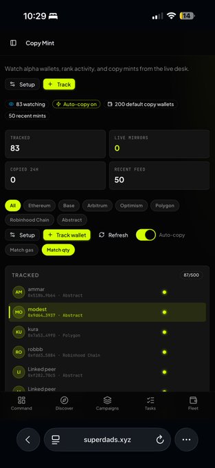 A screenshot of the CopyMint mobile app showing the wallet tracking interface with 83 wallets tracked, 200 default copy wallets, and auto-copy enabled, displaying tracked wallets like "ammad," "modeit," "kura," "robbb," and "Linked peer." The interface highlights features such as "Match gas," "Match qty," and per-wallet customization options, illustrating the post's announcement about new default override settings that allow users to enable specific wallets for copy-minting, customize per-wallet actions, and adjust gas and quantity on a wallet-by-wallet basis.