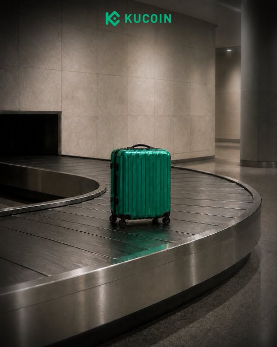 A teal Rimowa suitcase sits alone on an airport baggage carousel beneath a glowing "KUCOIN" logo, capturing the moment of relief and anticipation after a long wait—mirroring the post's joke about crypto traders finally receiving their "bags" from a bull run.