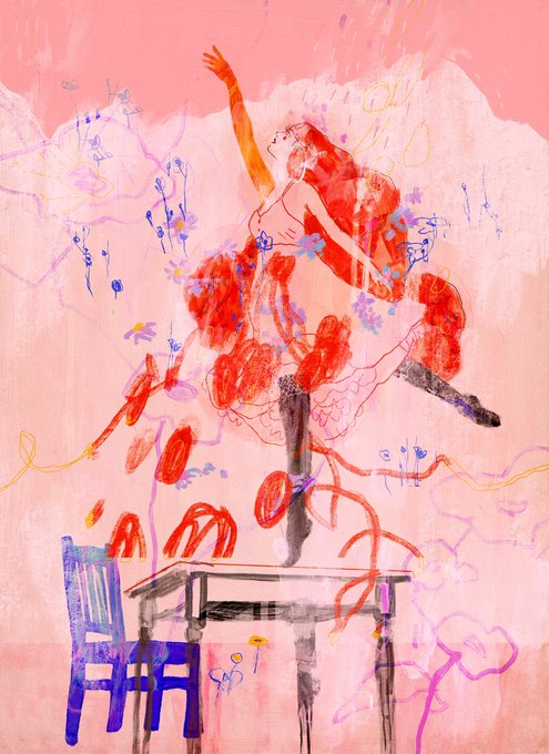 An expressive pink-toned painting of a ballerina in a flowing red dress leaping atop a table, with a blue chair and scattered floral line drawings in the background.