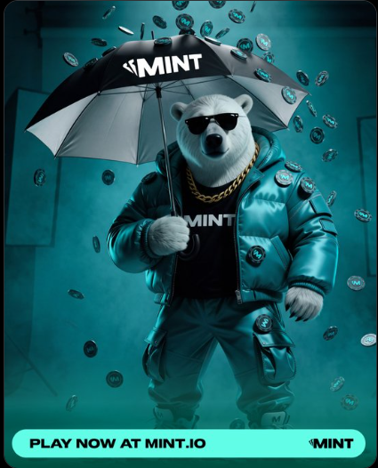 A promotional image for MINT shows a polar bear wearing sunglasses, a gold chain, and a puffer jacket holding a 'MINT' branded umbrella amid falling coins, with text 'PLAY NOW AT MINT.IO'.