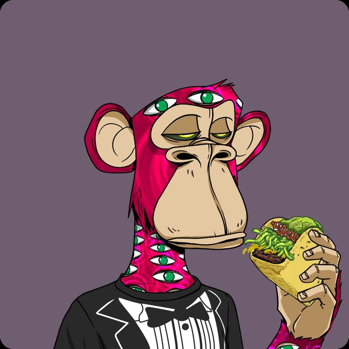 A digital illustration of a Bored Ape-style NFT character in a tuxedo with a magenta fur and eye-patterned body, holding a taco.