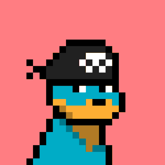 Pixel art of a character resembling Mega Man wearing a black hood and white mask against a solid coral-pink background.