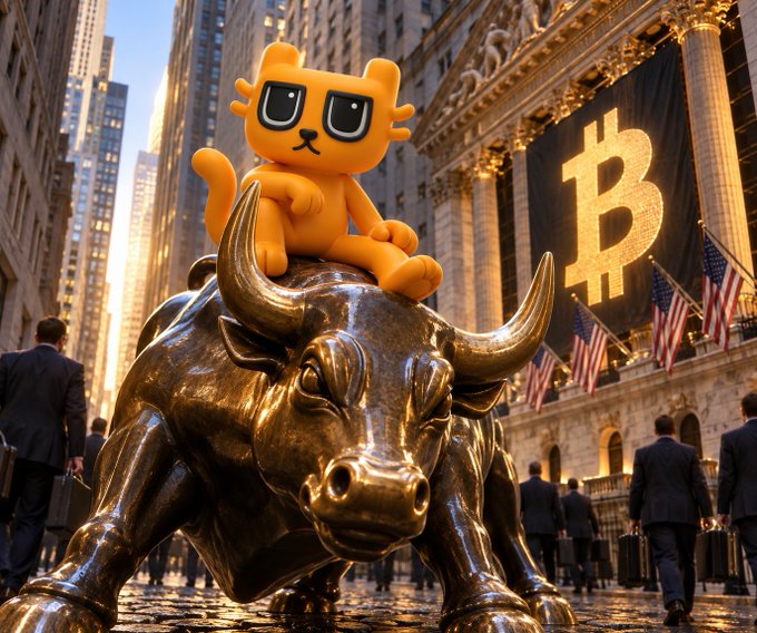 A 3D illustration features an orange cartoon cat with sunglasses sitting on a bronze charging bull statue in front of a building displaying a large Bitcoin 'B' banner.