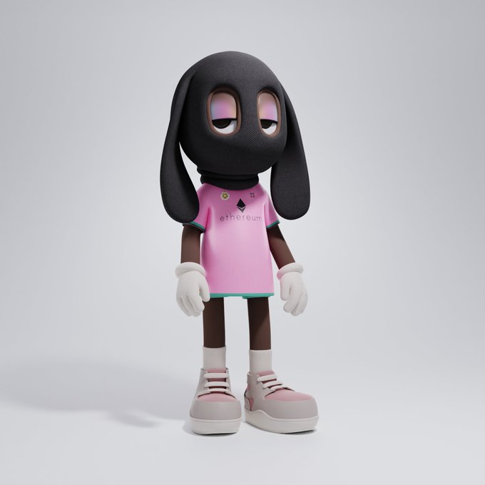 A 3D-rendered character with long black rabbit-like ears, wearing a pink 'ethereum' t-shirt, white gloves, and chunky sneakers against a plain background.