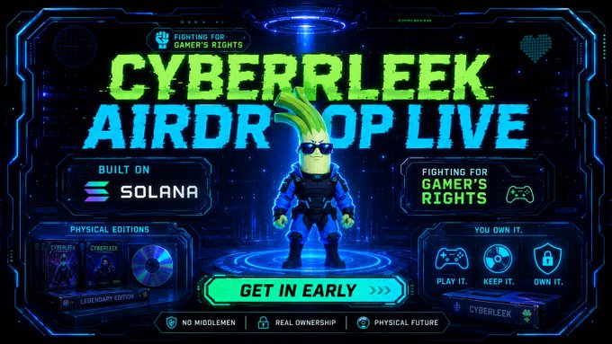 A neon-styled promotional banner for 'CYBERRLEEK AIRDROP LIVE' featuring a pineapple-headed character in a blue tactical outfit, built on Solana blockchain, with physical editions and gaming rights messaging.