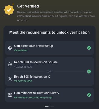 A screenshot of Binance Square's "Get Verified" page showing the requirements to unlock verification, including completing profile setup (Completed), reaching 30K followers on either Square (19,302/30,000) or X (72,507/30,000), and maintaining a commitment to trust and safety. The image illustrates the new verification process on Binance Square mentioned in the post, which highlights the updated easy-to-follow requirements for getting verified or verified+.