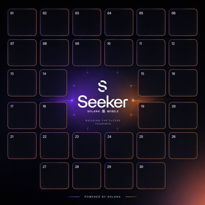The image features a calendar with a large purple circle at the center that says "SOLANA" above it. The calendar has squares for each day of the week, including Monday through Sunday. There are also squares for months and days of the week. The background is black, which contrasts with the white text on the calendar. The post includes a caption in English and Spanish about a mobile app called "Seeker", suggesting that it's related to the calendar or the creator of the calendar.