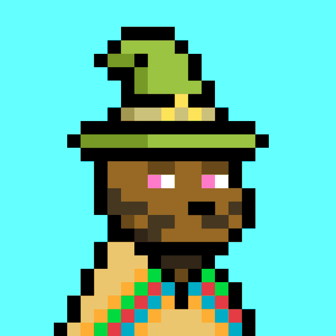 A pixel art character wearing a green hat and colorful poncho against a teal background.