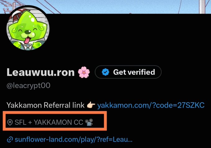 A social media profile for 'Leauwuu.ron 🌸 (@leacrypt00)' with a verified checkmark, showing a 'Yakkamon Referral link' and a location tag for 'SFL + YAKKAMON CC'.