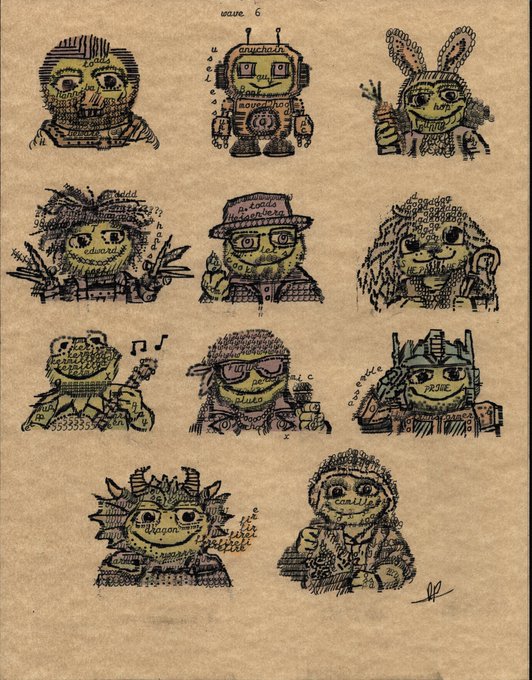A hand-drawn sketch on brown paper showing 'Wave 6' of 11 stylized character designs labeled with names like 'Bernie Sanders', 'Donald the Worldbuilder', 'Glenn', and 'Princess Diana'.