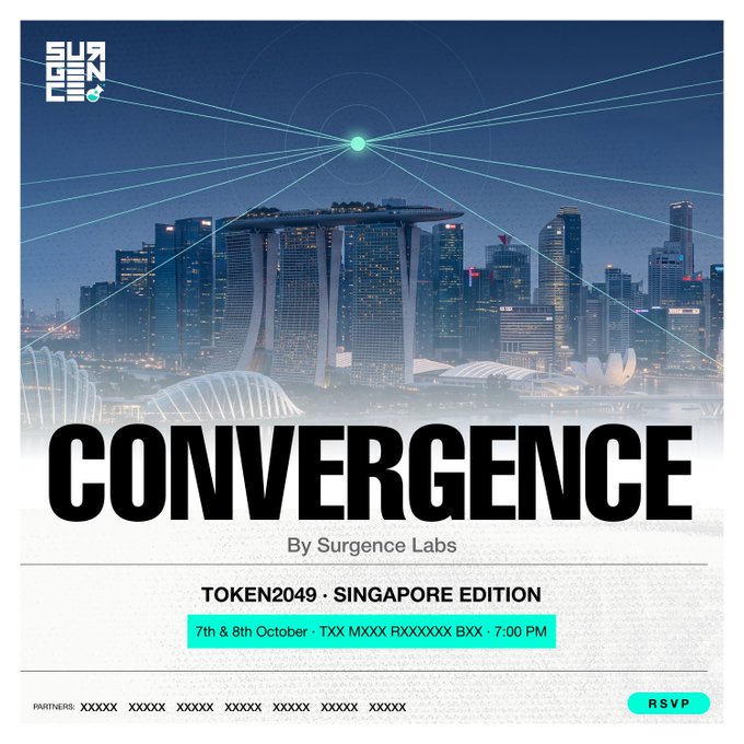 The image is a promotional graphic for "CONVERGENCE by Surgence Labs," an event at TOKEN2049 Singapore Edition on 7th & 8th October at 7:00 PM, featuring the Surgence logo and a stylized Singapore skyline with the Marina Bay Sands hotel. It relates to the post by highlighting Surgence Labs' branding and event presence, suggesting their professional capability to elevate projects in the crypto/blockchain space as celebrated by the testimonial.