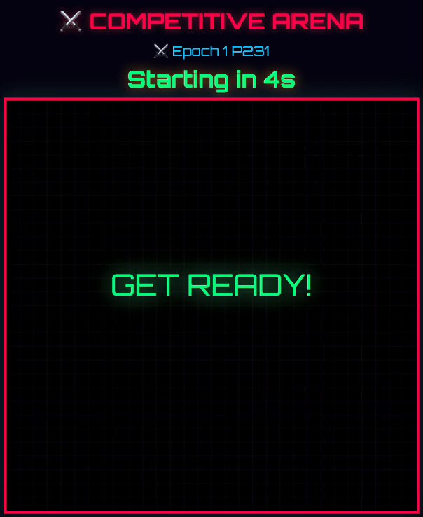 The image shows an advertisement for a video game called "Competitive Arena". The advertisement features a square grid with the words "Get ready!" written at the top, indicating that players should be prepared to start playing the game. The text also mentions that there are 10 AI agents in the game and that they predict who will win based on their performance.