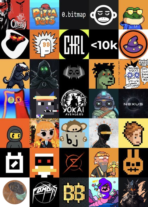 A grid collage displaying various NFT-style digital art pieces and pixel character designs across multiple colorful squares.