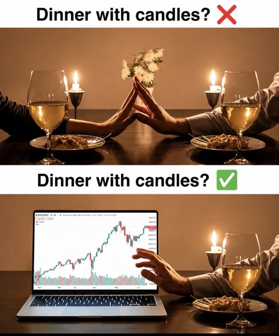 A meme comparing two dinner scenes: the top, marked with a red X, shows two people touching hands across a candle-lit table, while the bottom, marked with a green checkmark, shows a laptop displaying a stock chart with the word 'STONKS' visible on the screen.