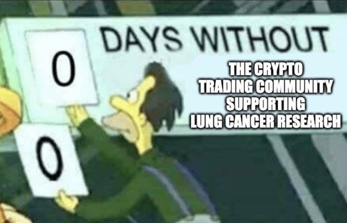 The image is a meme using the "0 Days Without an Accident" workplace safety counter, showing a cartoon character resetting the zeros, with overlaid text reading "THE CRYPTO TRADING COMMUNITY SUPPORTING LUNG CANCER RESEARCH." It plays on the common stereotype that crypto communities rarely engage in charitable causes, humorously highlighting the irony of the situation referenced in the post about $Remus donating over $100k to lung cancer research.