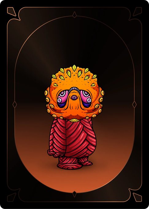 A whimsical orange creature with large purple eyes, a crown of golden leaves, and a body wrapped in red fabric stands inside an ornate arched frame. The illustration matches the post's "wtf is this thing" query about the Koda NFT #3086 purchased by willieanderson.eth.