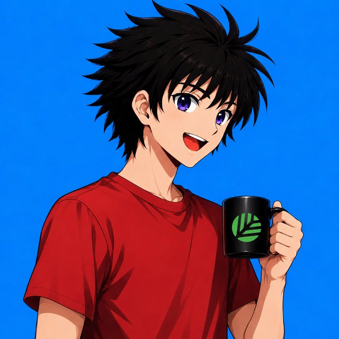 An anime-style illustration shows a cheerful young man with messy black hair and purple eyes, wearing a red t-shirt and holding a black mug with a green leaf-like logo against a bright blue background. The image's casual, optimistic vibe—paired with the character's enthusiastic smile—mirrors the post's excited morning announcement about CNPYNetwork's potential to simplify appchain infrastructure and drive AI-driven experimentation.