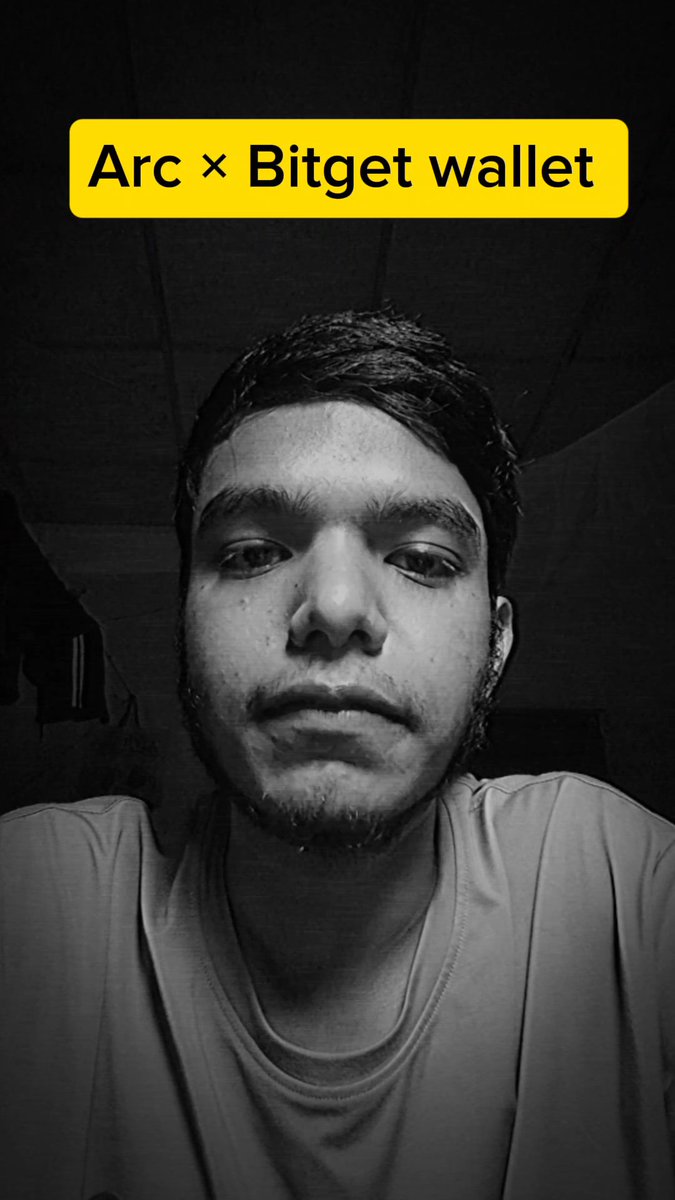 A black and white selfie of a young man with a beard, overlaid with a yellow text banner reading "Arc × Bitget wallet".