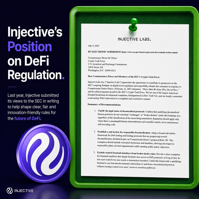 Injective Labs promotional image titled "Injective's Position on DeFi Regulation" showing a letter addressed to SEC Commissioner Hester Peirce dated July 9, 2025, with recommendations for DeFi regulation.