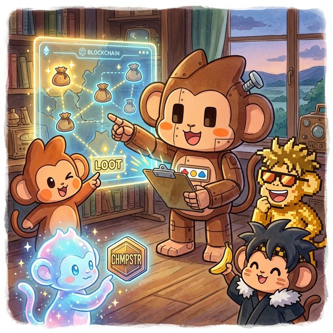 A colorful cartoon illustration featuring chibi-style monkey characters: a central monkey in a steampunk robot suit pointing at a holographic blockchain loot map, surrounded by other monkey characters including a galaxy-spirited monkey, a pixel-art gold monkey, and an anime-style monkey with a banana, with visible text "BLOCKCHAIN", "LOOT", and "CHIMPSTR".
