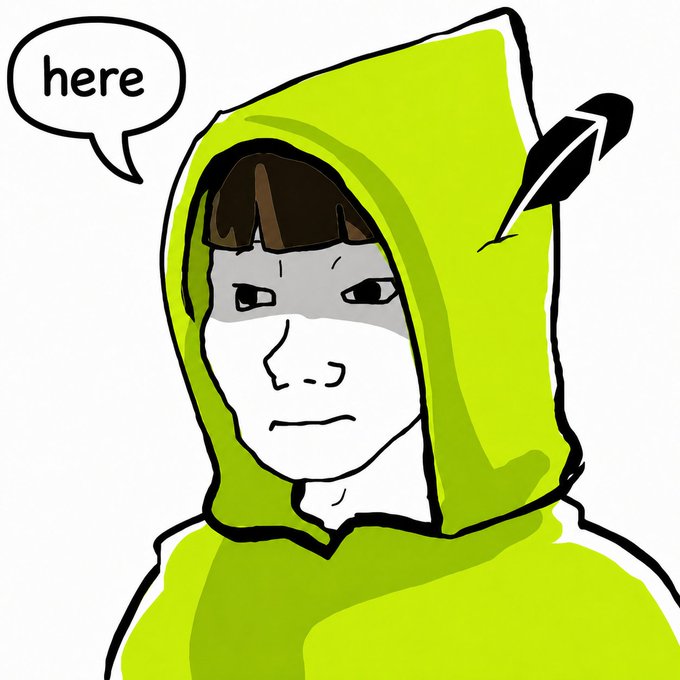 A cartoon-style drawing of a person in a bright green hooded outfit with an arrow in the hood, accompanied by a speech bubble saying 'here'.