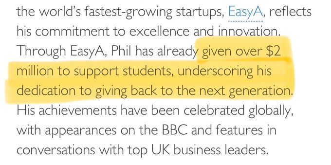 A text excerpt describing EasyA and its founder Phil, with a highlighted portion reading 'over $2 million to support students, underscoring his dedication to giving back to the next generation.'