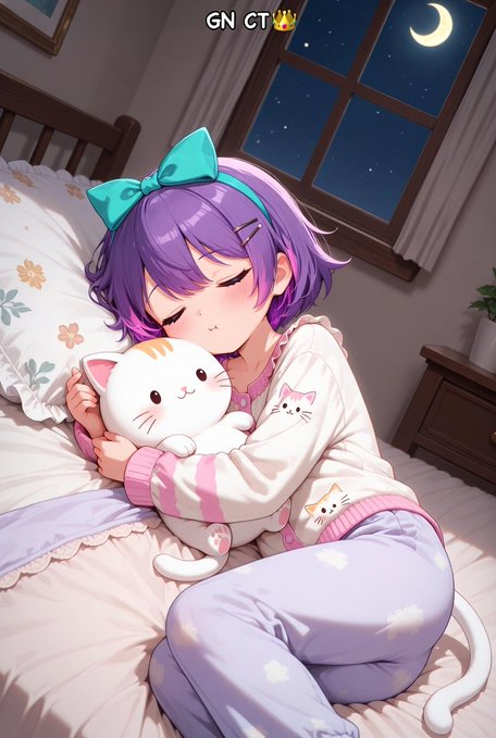 An anime-style illustration shows a purple-haired girl with a blue bow sleeping peacefully in bed while hugging a white cat, with 'GN CT 👑' and a crescent moon visible.