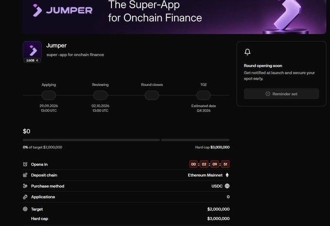 A crypto launchpad page for 'JUMPER - The Super-App for Onchain Finance', showing dates, deposit chain (Ethereum Mainnet), and a hard cap of $3,000,000.