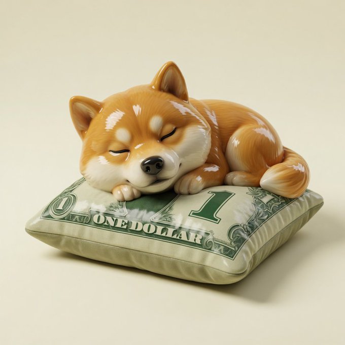 A serene ceramic Shiba Inu figurine sleeps peacefully atop a plush pillow printed to resemble a one-dollar bill, featuring the text "ONE DOLLAR." The image whimsically illustrates the post's idea of "$DOGE reaching $1" by depicting the iconic Doge mascot resting comfortably on its own dollar cushion.