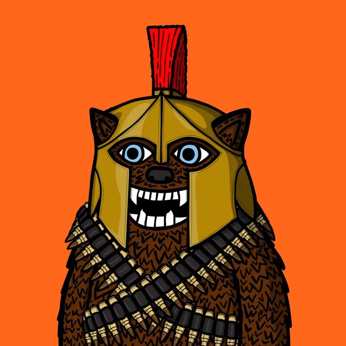 A cartoon bear wearing a Spartan-style golden helmet with a red crest and crossed bandoliers, grinning menacingly against an orange background, visually personifying the "small voices" and "noise" in a bear market that the post argues will become statistically irrelevant as the XRP Ledger expands.